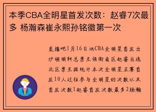 本季CBA全明星首发次数：赵睿7次最多 杨瀚森崔永熙孙铭徽第一次