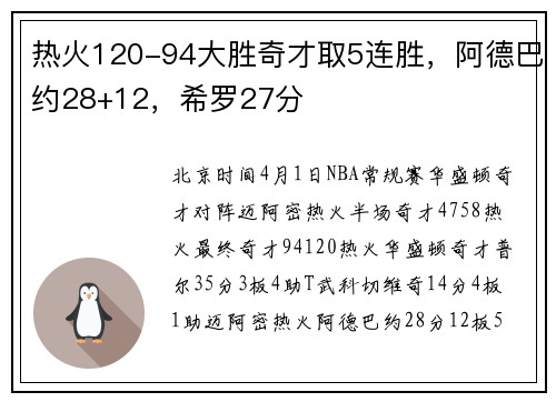 热火120-94大胜奇才取5连胜，阿德巴约28+12，希罗27分