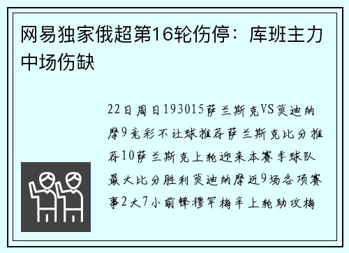 网易独家俄超第16轮伤停：库班主力中场伤缺